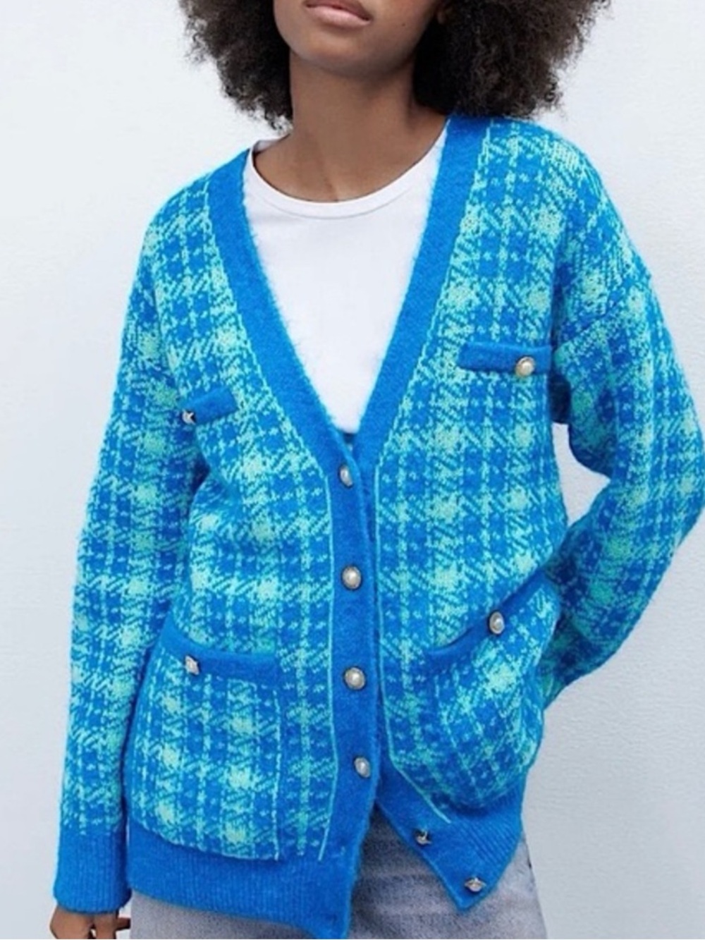 ZARA Turquoise Plaid Oversized Cardigan Sweater